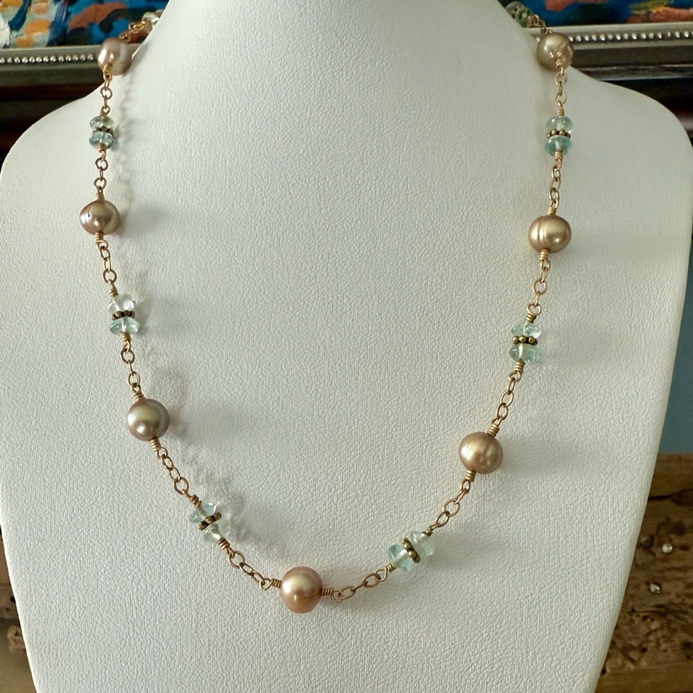 Handcrafted Gold Pearl & Aquamarine Necklace
